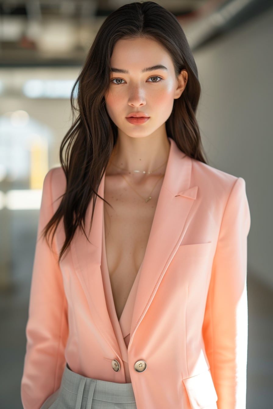  A young woman with sleek, dark hair, wearing a tailored pastel pink blazer, light grey trousers, standing in a modern office setting, midday light illuminating her confident stance.