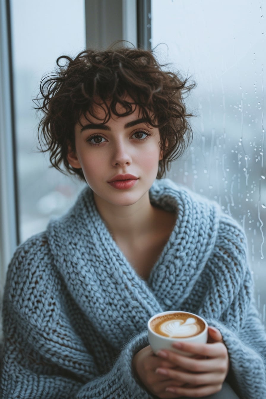  A young woman with short, curly hair, wearing a cozy oversized sweater in soft blue, holding a cup of coffee, sitting by a large window on a rainy day, soft light filtering through.