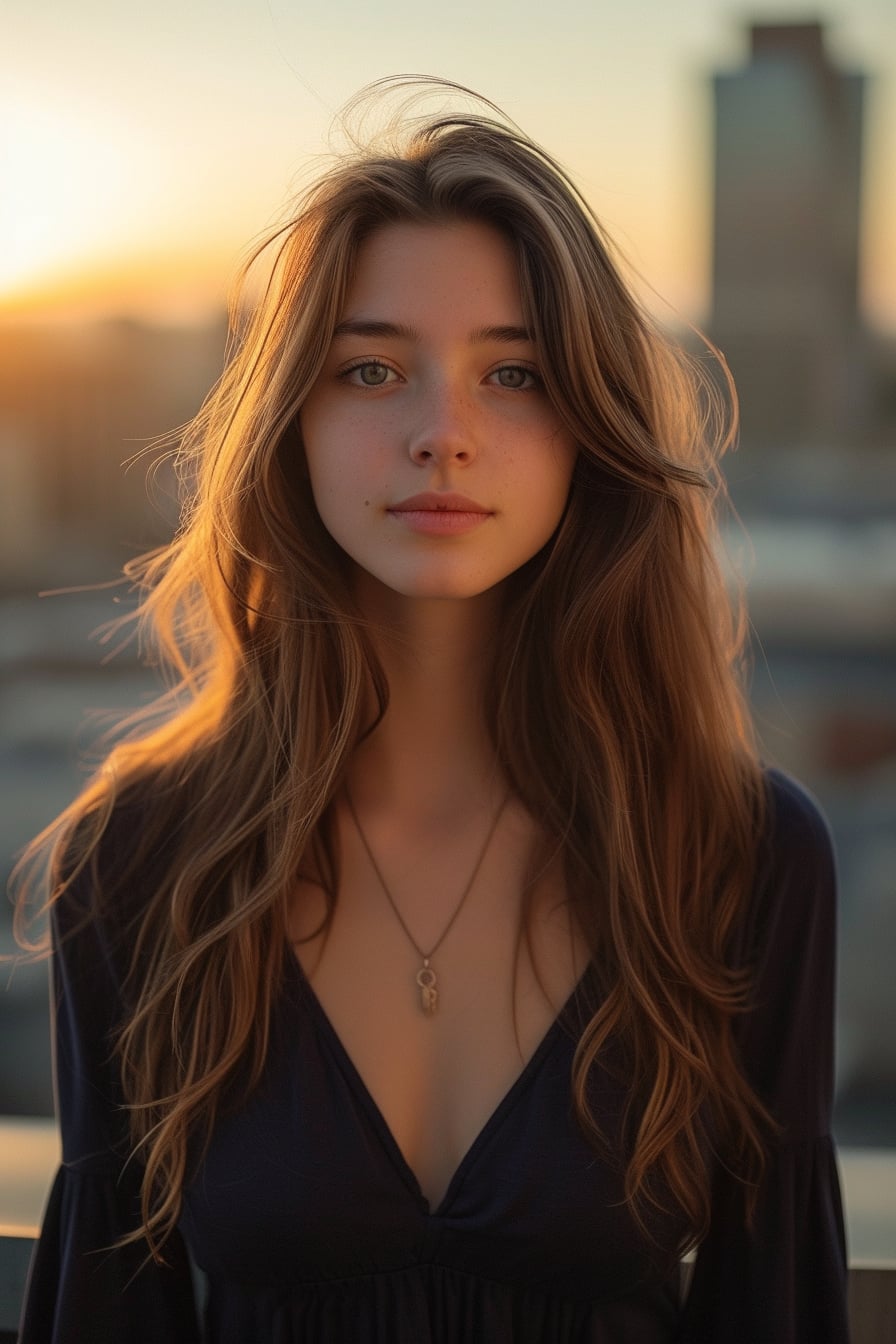  A young woman with long, loose hair, wearing a simple, elegant navy dress, standing on a city rooftop at sunset, the fading light casting a serene glow around her.