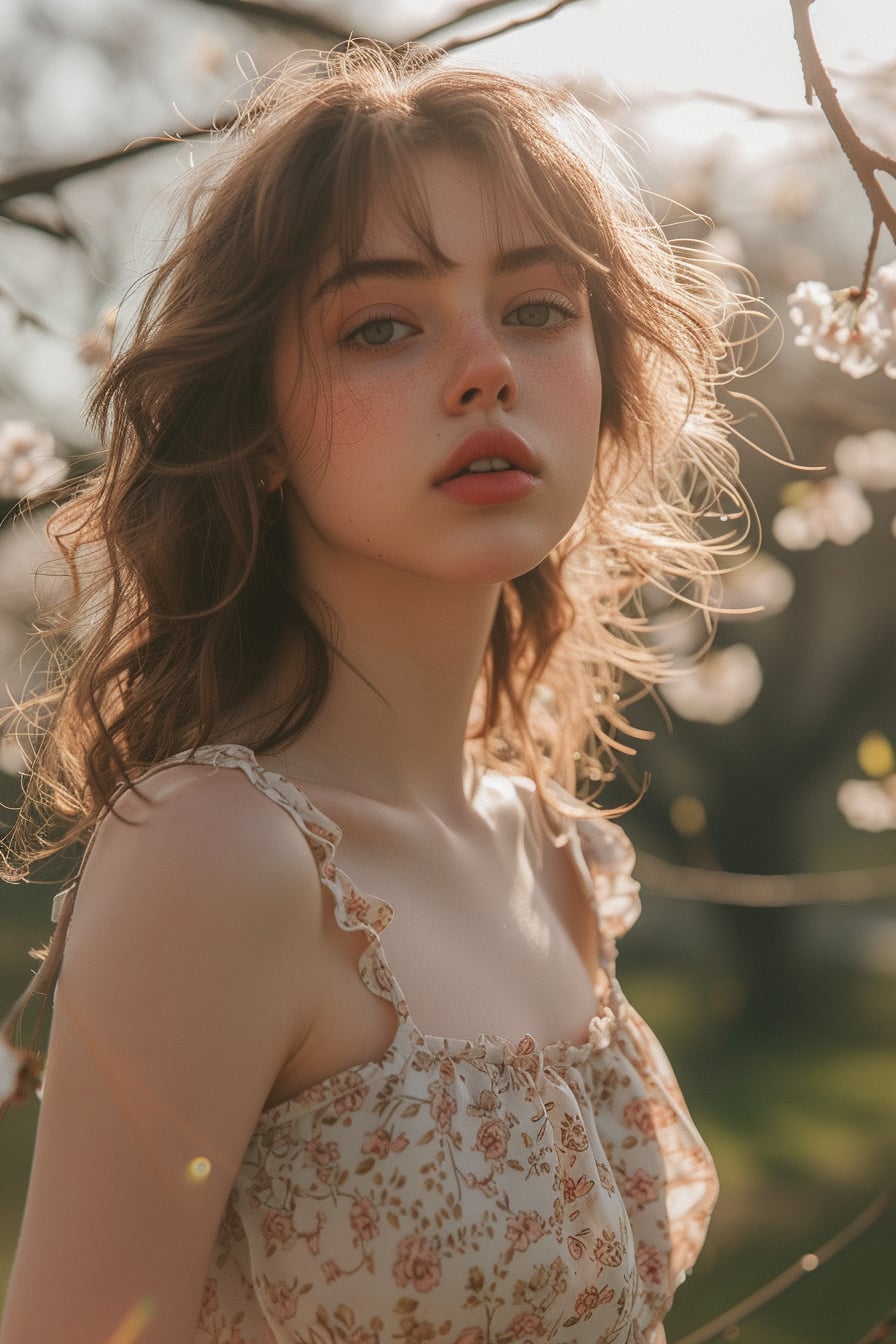  A young woman with wavy, sun-kissed hair, wearing a light fabric dress adorned with a floral pattern, standing in a blooming cherry blossom park, early afternoon sunlight casting a soft glow.