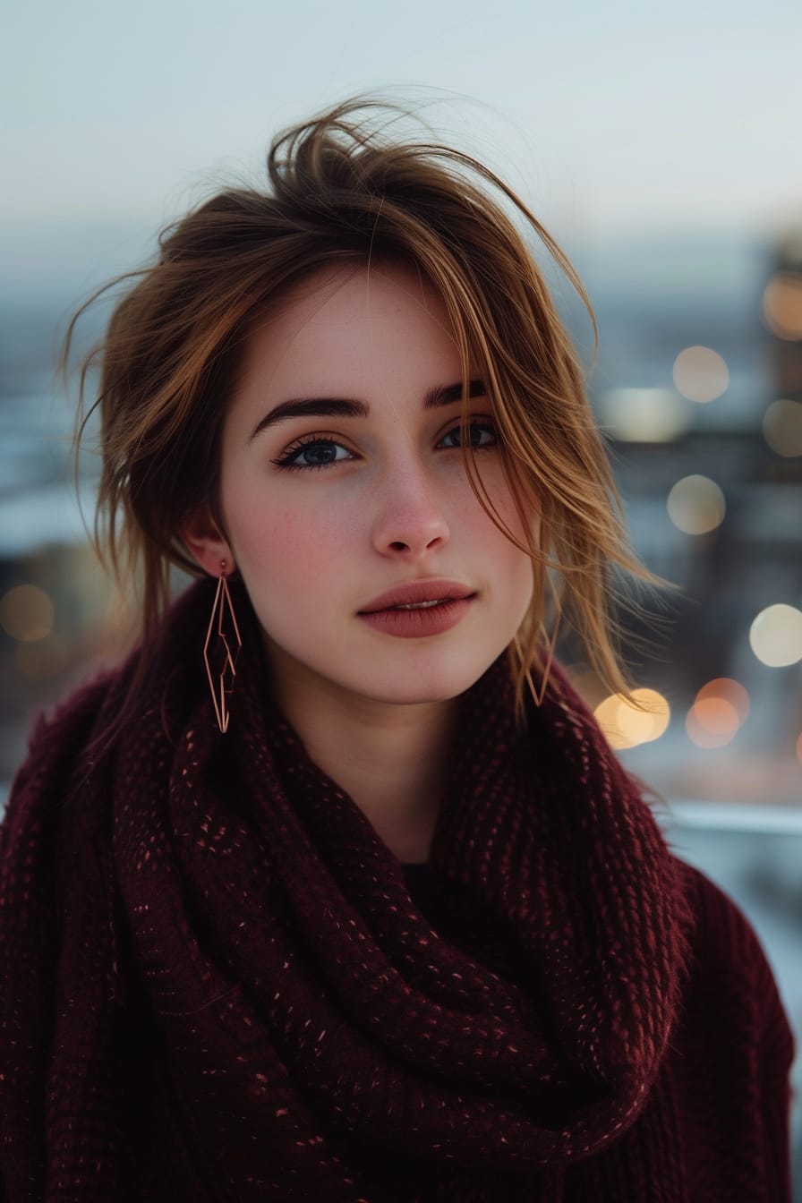 A close-up image of a young woman with light brown hair, showcasing her oversized geometric earrings and a plush burgundy scarf, against a backdrop of a cityscape at dusk.