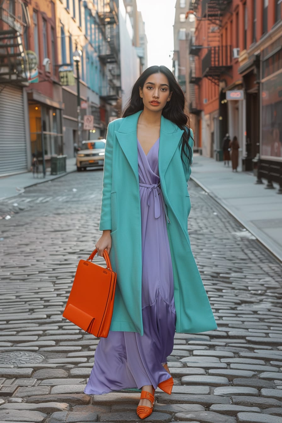 A full-length image of a young woman with sleek black hair, wearing a bright turquoise wool coat over a lavender silk midi dress, holding a burnt orange clutch, on a cobblestone street, late afternoon.