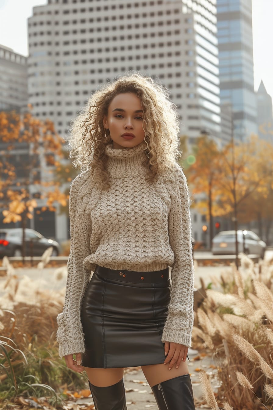 A full-length image of a young woman with curly blonde hair, wearing a chunky knit sweater paired with a sleek leather pencil skirt, ankle boots, in a modern urban park, morning.