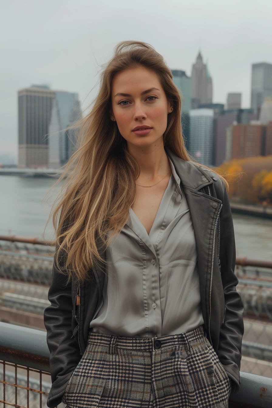 A full-length image of a young woman with long, straight blonde hair, wearing a light grey silk blouse under a mid-length leather jacket, paired with woolen plaid trousers. She's standing on a city bridge, with the river and skyline in the background, during a crisp morning.
