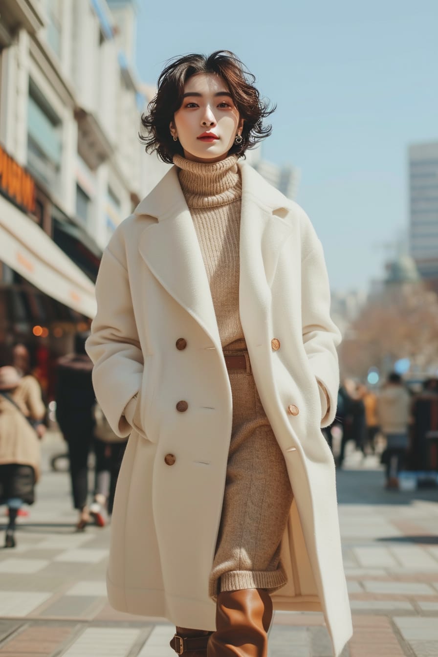 A full-length image of a young woman with short, sleek black hair, wearing an elegant off-white wool coat over a soft beige turtleneck sweater and brown leather boots. She's walking through a bustling city square, with the blur of people and shops in the background, under a clear midday sky.