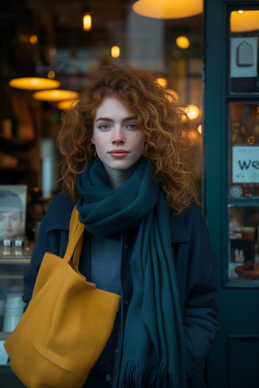 A full-length image of a young woman with curly red hair, wearing a dark blue wool scarf wrapped snugly around her neck, holding a large, mustard yellow tote bag. She's standing in front of a coffee shop, with the warm glow of the interior lights contrasting the dusky twilight of the city around her.