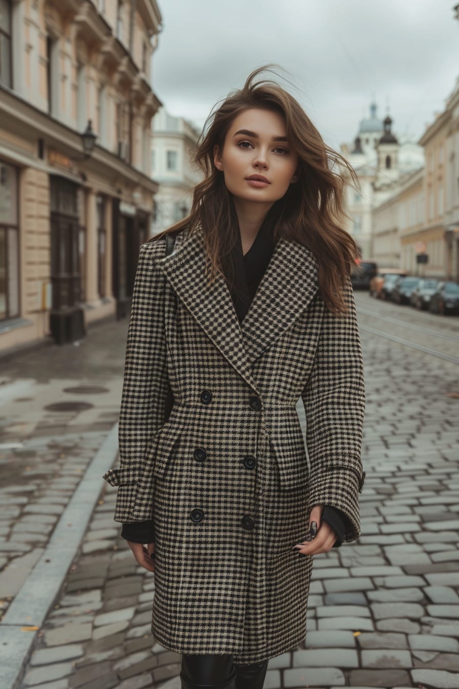 A full-length image of a young woman with medium-length brown hair, wearing a vintage-inspired houndstooth coat, paired with black leather ankle boots. She's walking down a cobblestone street in the old part of the city, with historic buildings lining the path, under a cloudy afternoon sky.