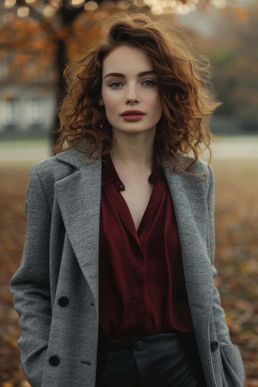 A full-length image of a young woman with curly auburn hair, wearing a light grey wool coat over a silk burgundy blouse, paired with black leather pants. She's walking through a city park with trees in autumn colors, early evening.