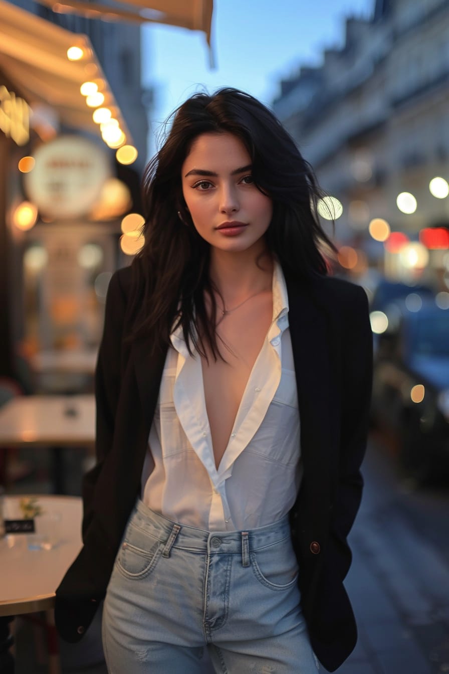  A full-length image of a young woman with sleek black hair, wearing a black blazer over a white blouse and light blue jeans. She's standing in front of a city café, with street lights beginning to glow, early evening.