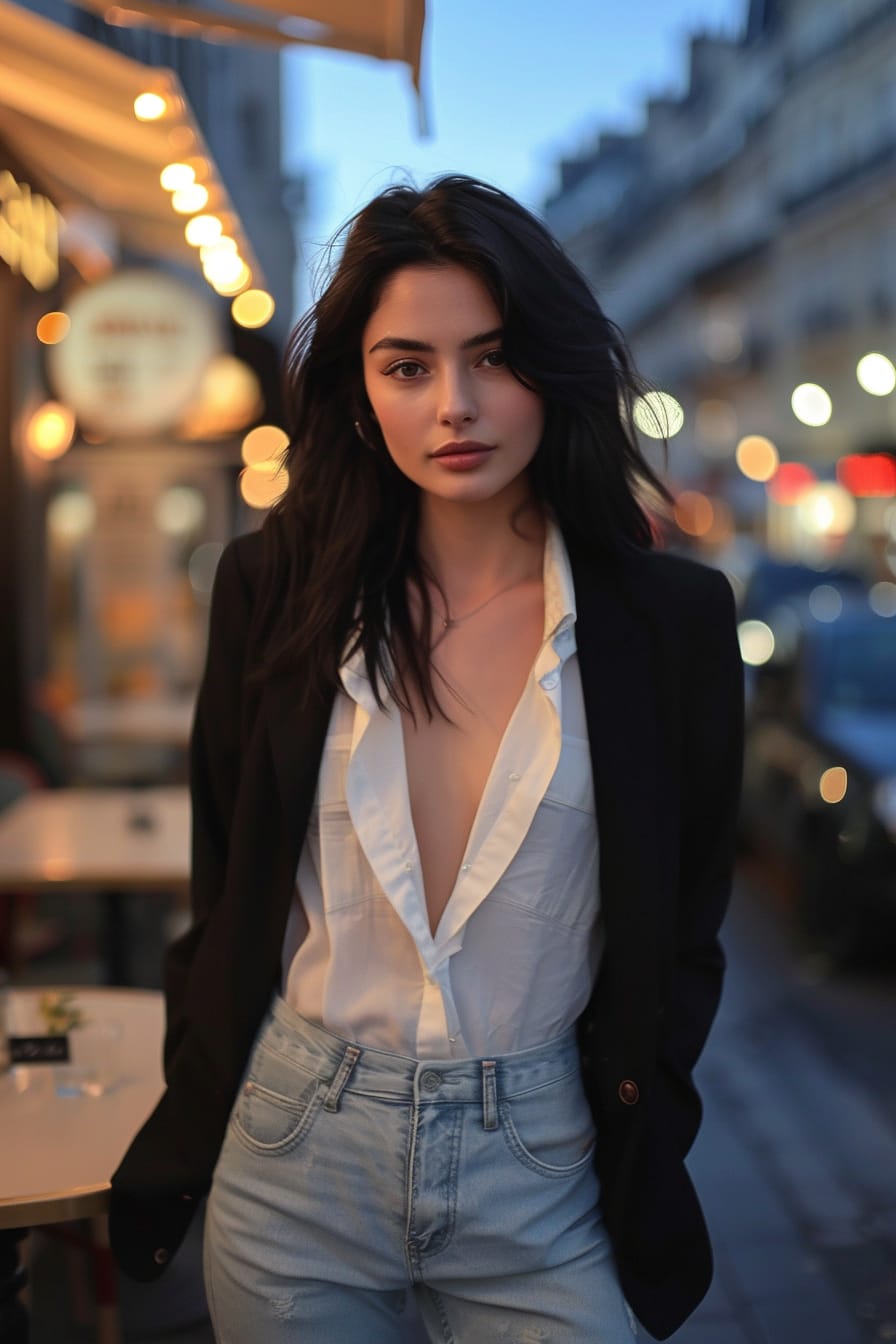 A full-length image of a young woman with sleek black hair, wearing a black blazer over a white blouse and light blue jeans. She's standing in front of a city café, with street lights beginning to glow, early evening.
