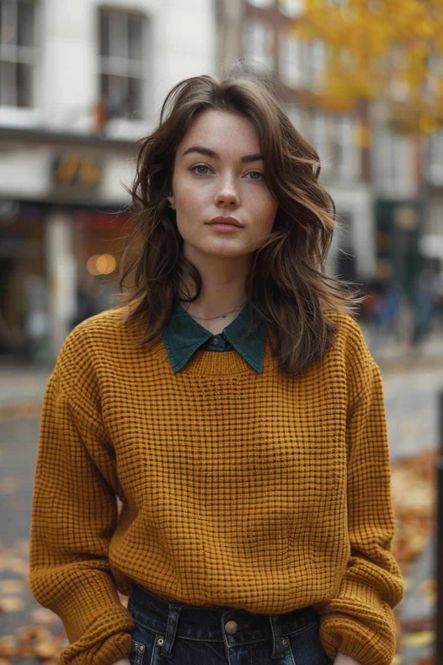  A full-length image of a young woman with shoulder-length brown hair, wearing a mustard yellow chunky knit sweater over a deep green collared shirt, paired with dark denim jeans. She's standing on a bustling city street, surrounded by fallen leaves, late afternoon.