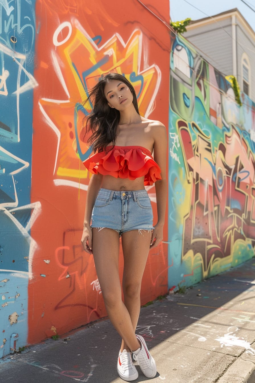 A full-length image of a young woman with sleek black hair, wearing a bright red peplum top, denim shorts, and white sneakers, standing in front of a colorful mural on a city street, midday sun highlighting the vibrant colors of the background.