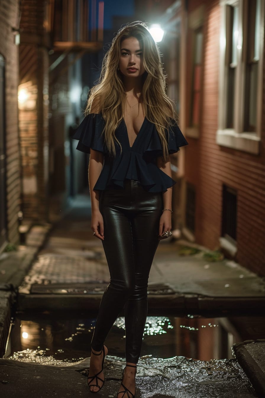  A full-length image of a young woman with long, flowing blonde hair, wearing a navy blue silk peplum top, black leather leggings, and high heels, standing in a chic, dimly lit urban alley, evening.