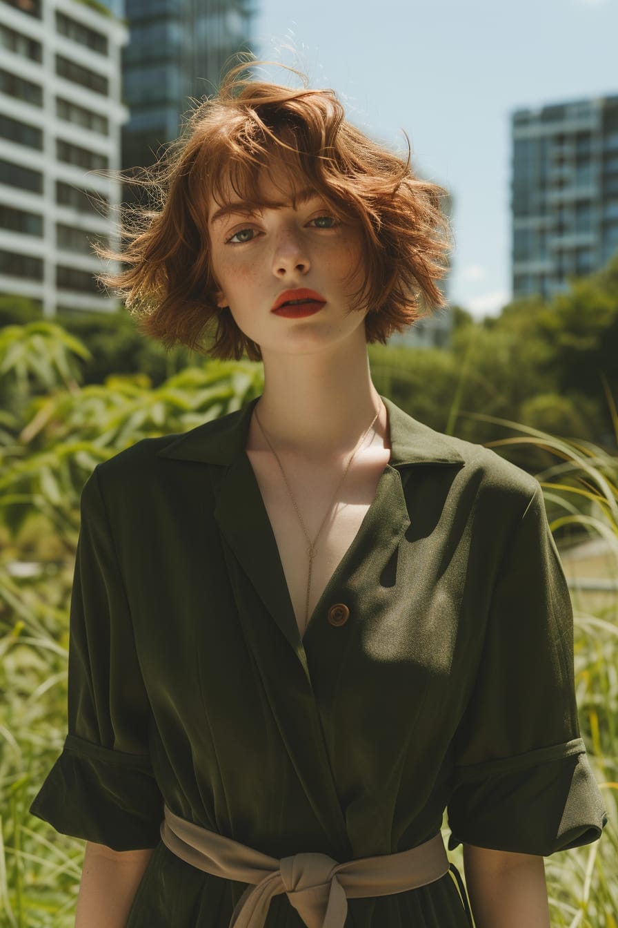  A full-length image of a young woman with short red hair, wearing a dark green belted midi dress and beige slouchy boots. She's standing in a modern urban park, with architectural elements and greenery in the background, during a sunny afternoon.