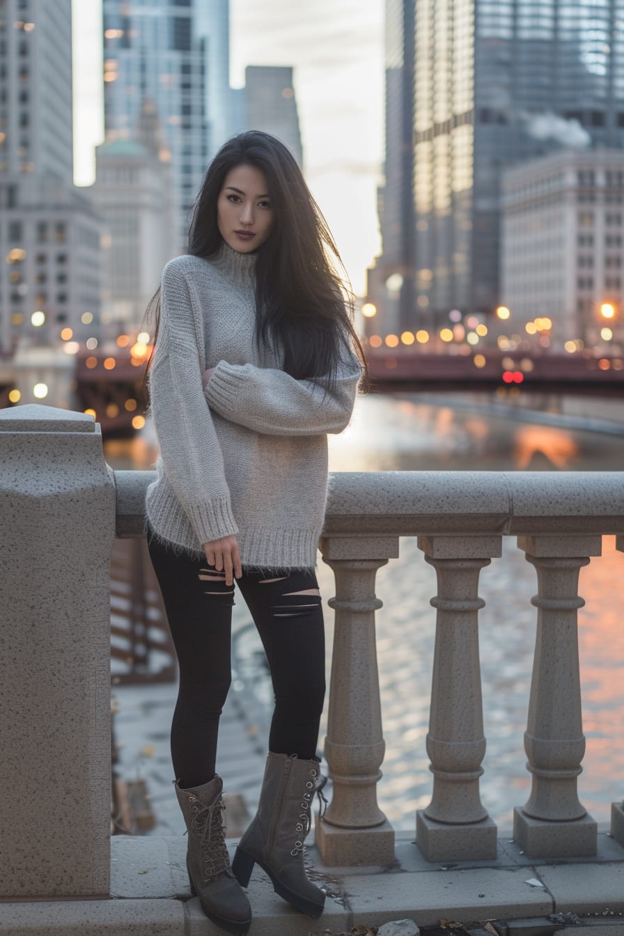  A full-length image of a young woman with long black hair, wearing a light gray oversized sweater, black leggings, and dark gray slouchy boots. She's leaning against a city railing, with a bridge and skyscrapers in the background, during a serene twilight.