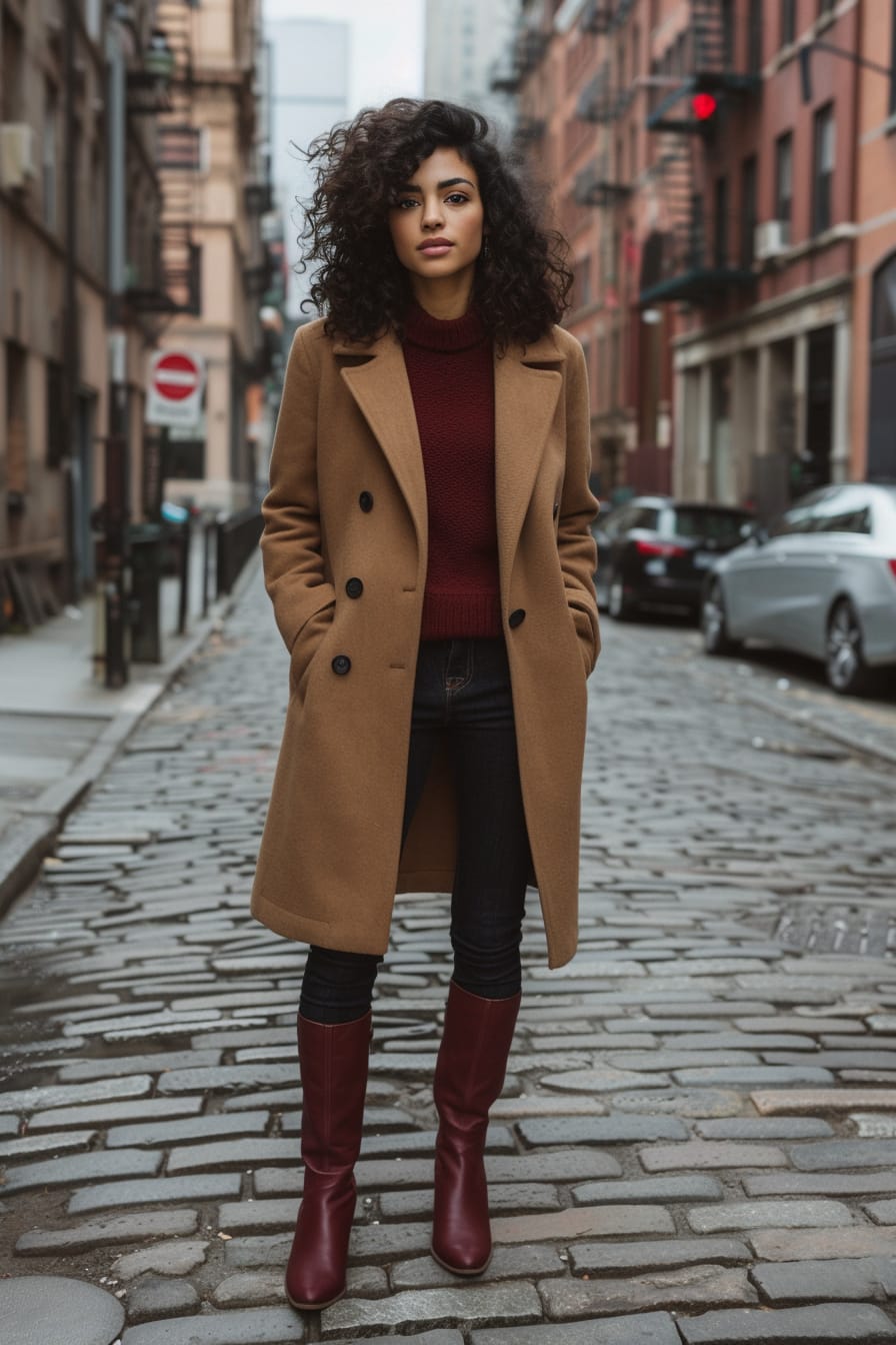  A full-length image of a young woman with curly dark hair, wearing a camel-colored wool coat, a burgundy sweater, dark jeans, and deep red suede slouchy boots. She's standing on a cobblestone street, with vintage buildings in the background, during an overcast morning.