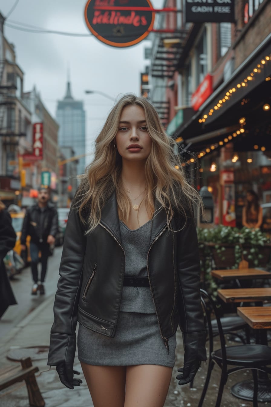  A full-length image of a young woman with wavy blonde hair, wearing a black leather jacket, a gray midi dress, and black slouchy boots. She's walking through a bustling city street, with a café and pedestrians in the background, under a cloudy midday sky.