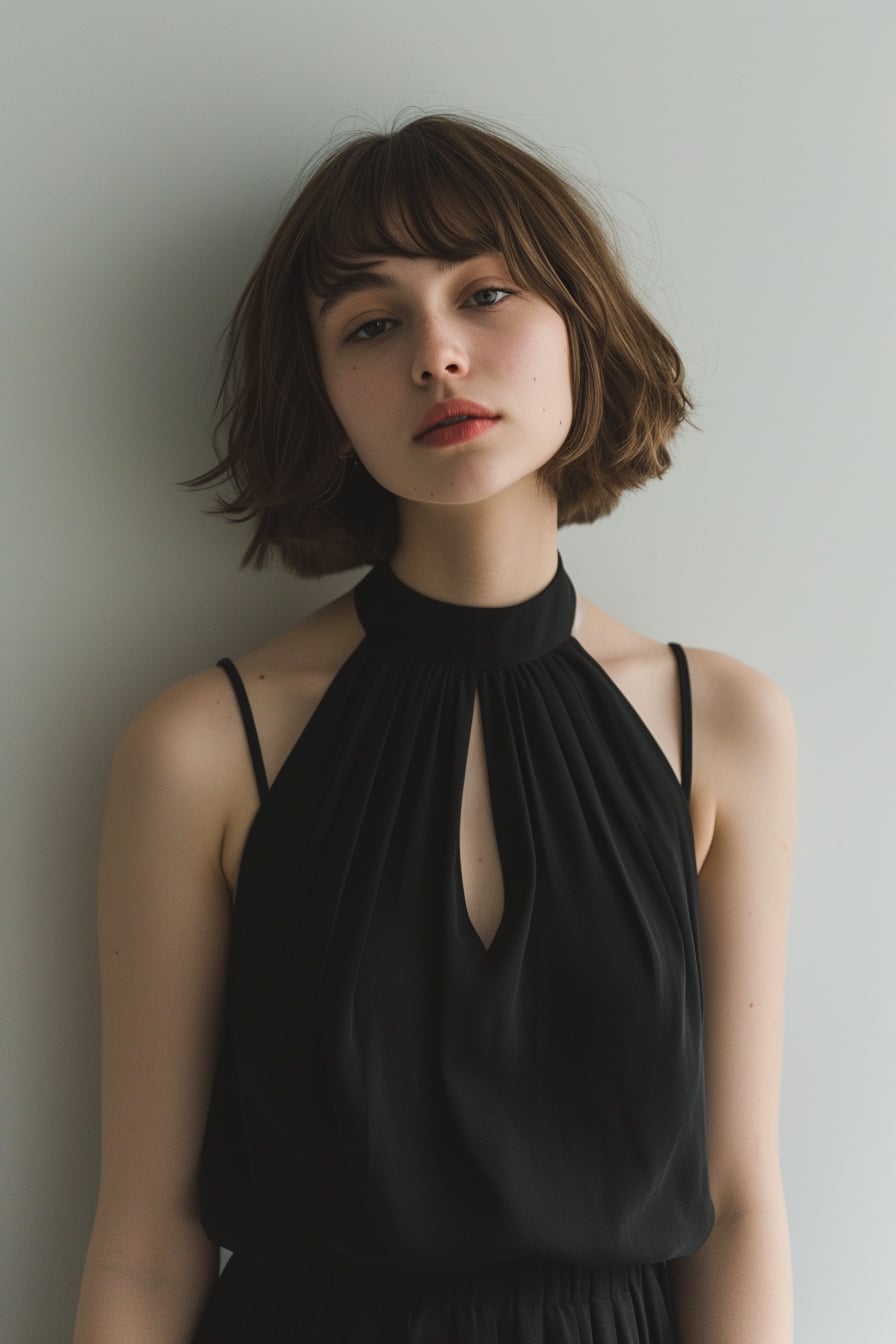 A young woman with a short bob haircut, wearing a simple black midi dress with a subtle slit on the side, standing against a white wall, soft daylight enhancing the dress