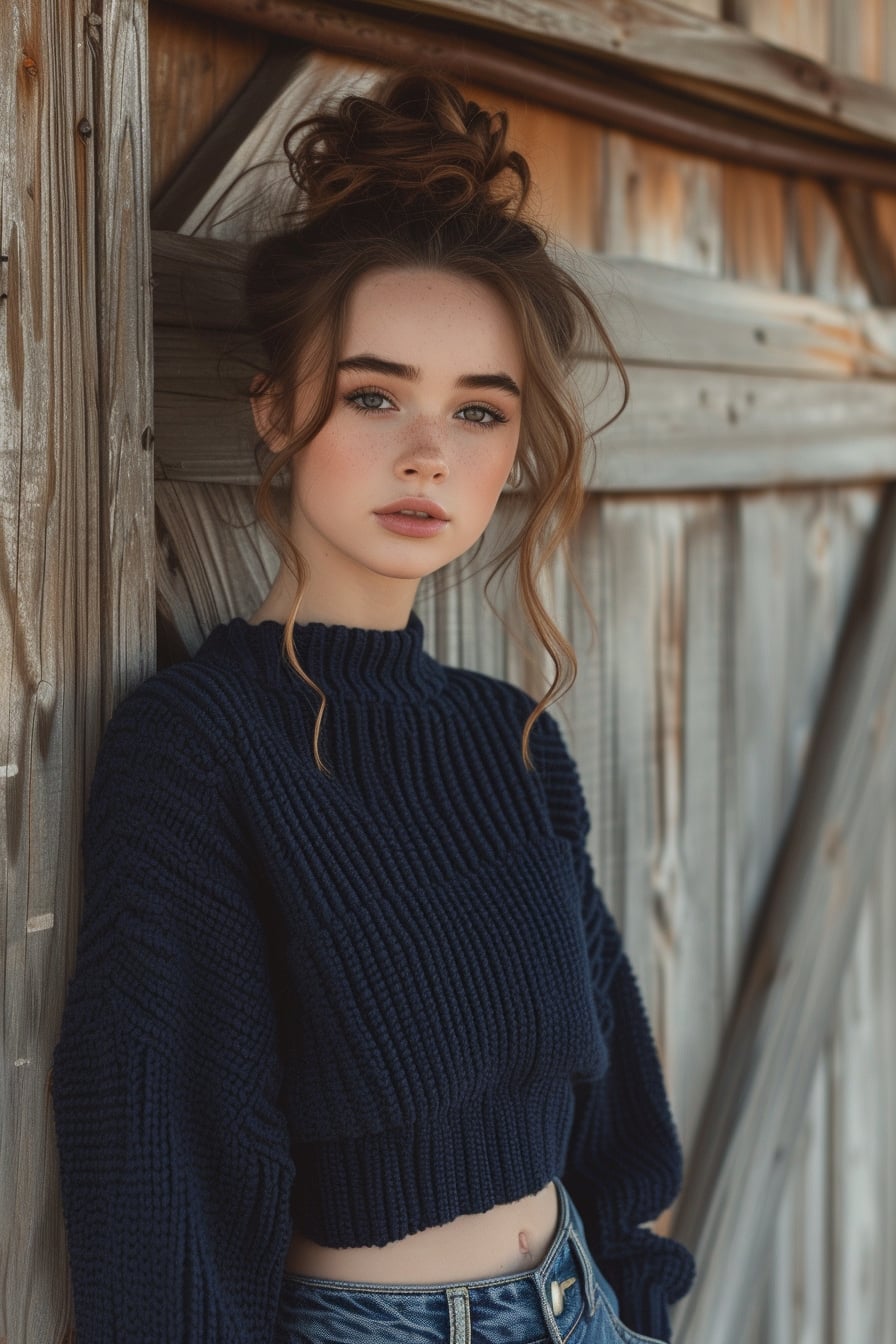A young woman with her hair in a messy bun, wearing a navy blue oversized sweater and slim-fit jeans, leaning against a rustic wooden door, casual yet chic.