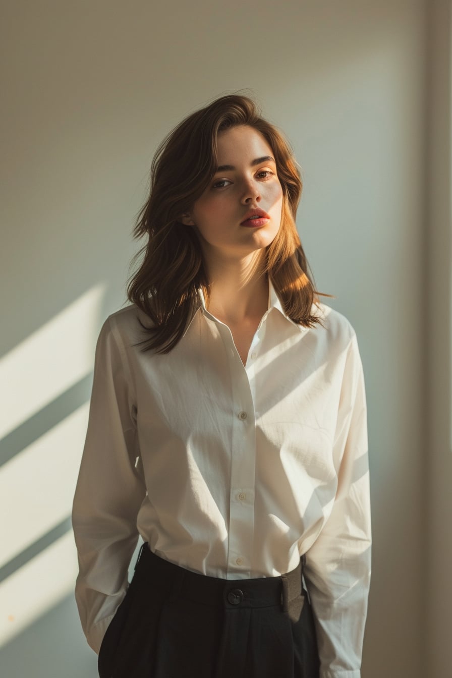  A full-length image of a young woman with sleek brown hair, wearing a crisp white button-down shirt and tailored black trousers, standing in a minimalist room with natural light filtering in.