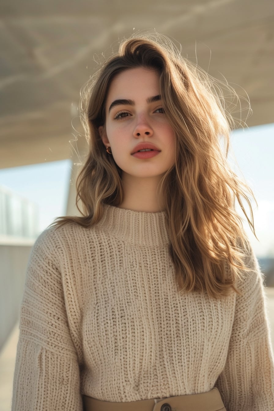 A young woman with loose waves, dressed in a monochrome beige outfit consisting of a soft wool sweater and wide-leg trousers, standing in an open space with the golden hour light casting a warm glow.