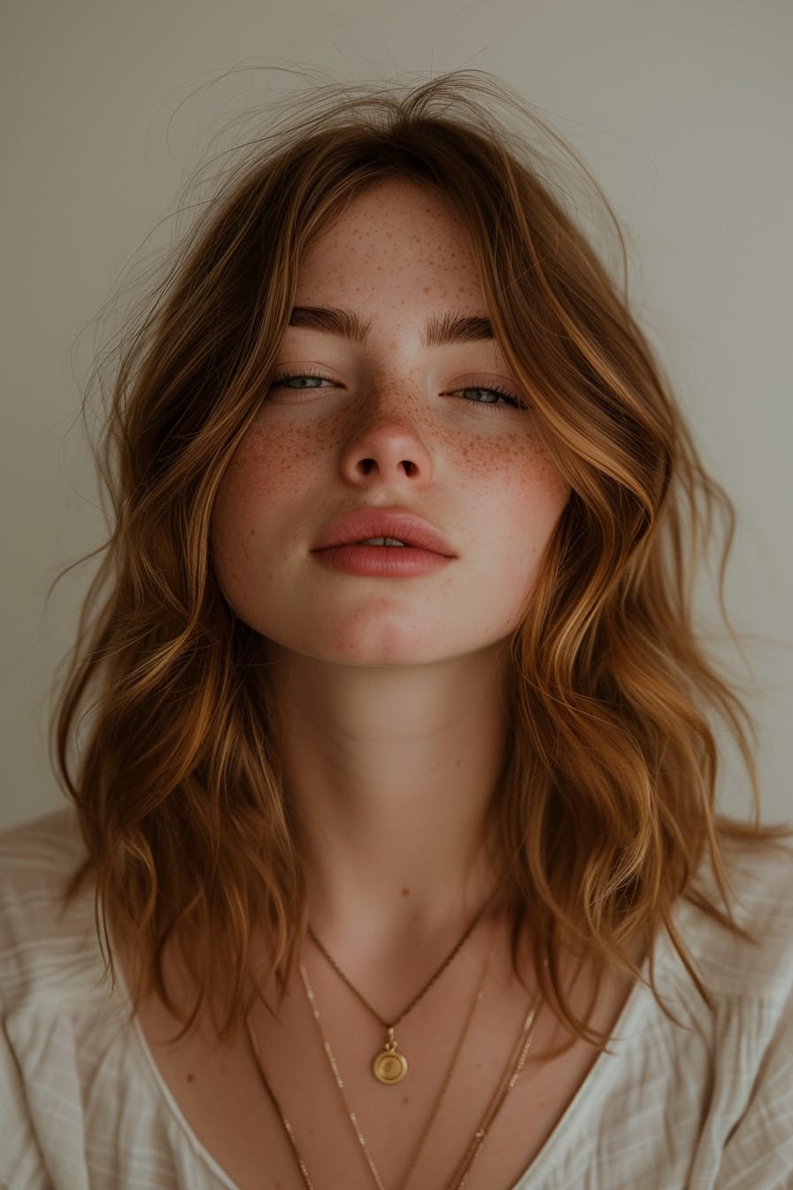  A close-up image of a young woman with soft, wavy hair, showcasing a mixed metal necklace featuring gold, silver, and rose gold elements, against a soft, neutral background, daylight.