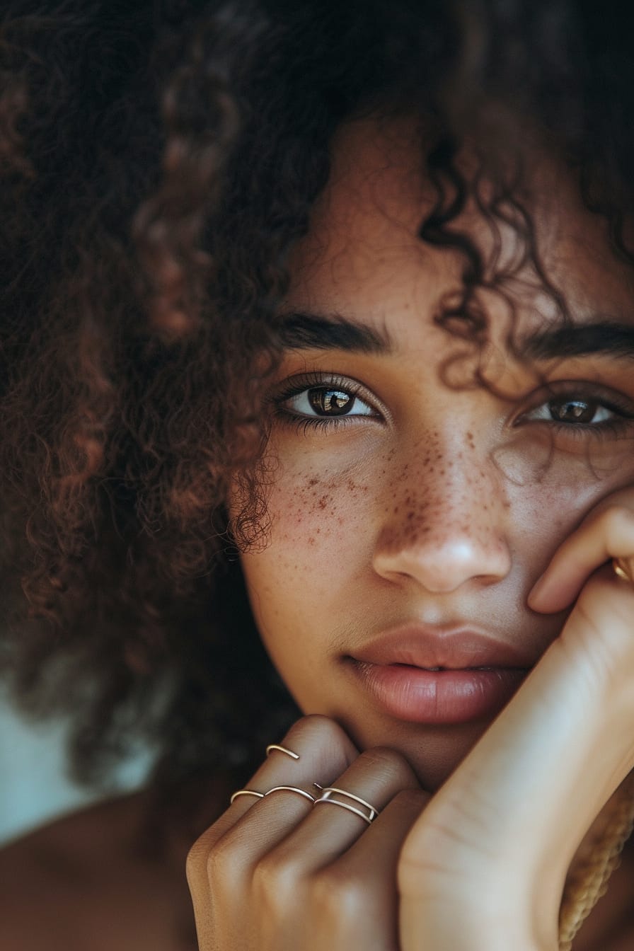  A woman with gentle curls, wearing multiple thin mixed metal rings on her fingers, a soft focus on the hands, with a light, airy background, late afternoon.