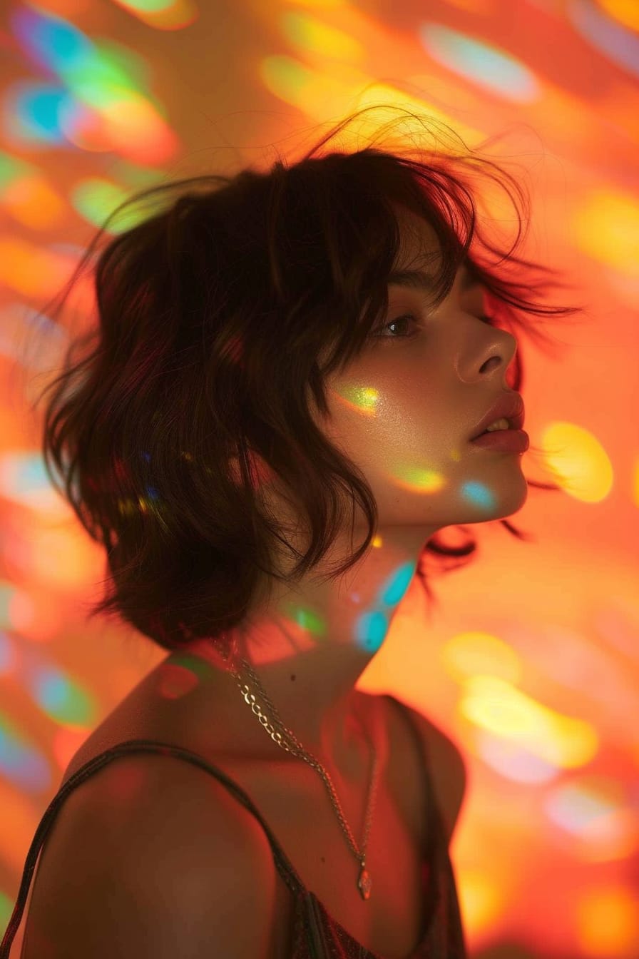  A side profile of a young woman with short, tousled hair, wearing a delicate mixed metal pendant necklace, against an abstract, colorful background, early evening.