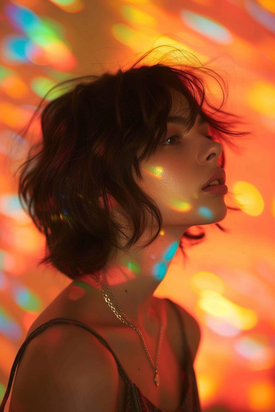 A side profile of a young woman with short, tousled hair, wearing a delicate mixed metal pendant necklace, against an abstract, colorful background, early evening.