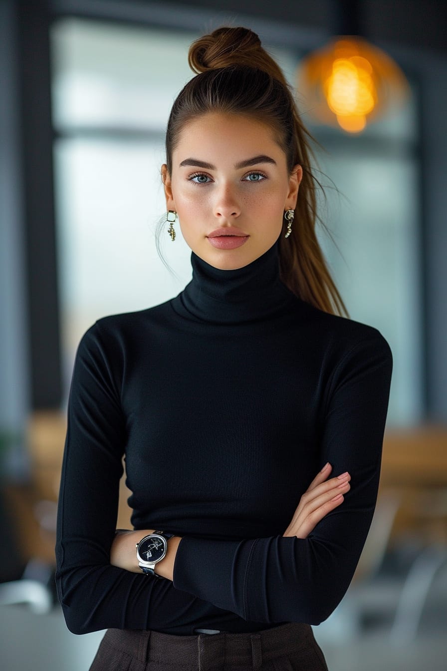 A young woman with a high ponytail, wearing a black turtleneck and high-waisted trousers, complemented by mixed metal earrings and a sleek watch, minimalist office background, soft lighting.