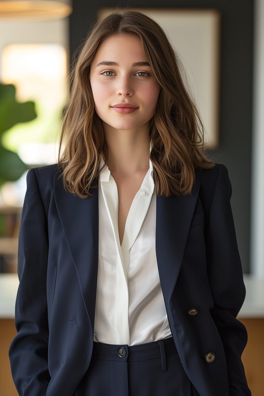  A full-length image of a young woman with shoulder-length brunette hair, wearing a tailored navy blue blazer and matching trousers, a white silk blouse underneath, standing confidently in a modern office setting, morning light.