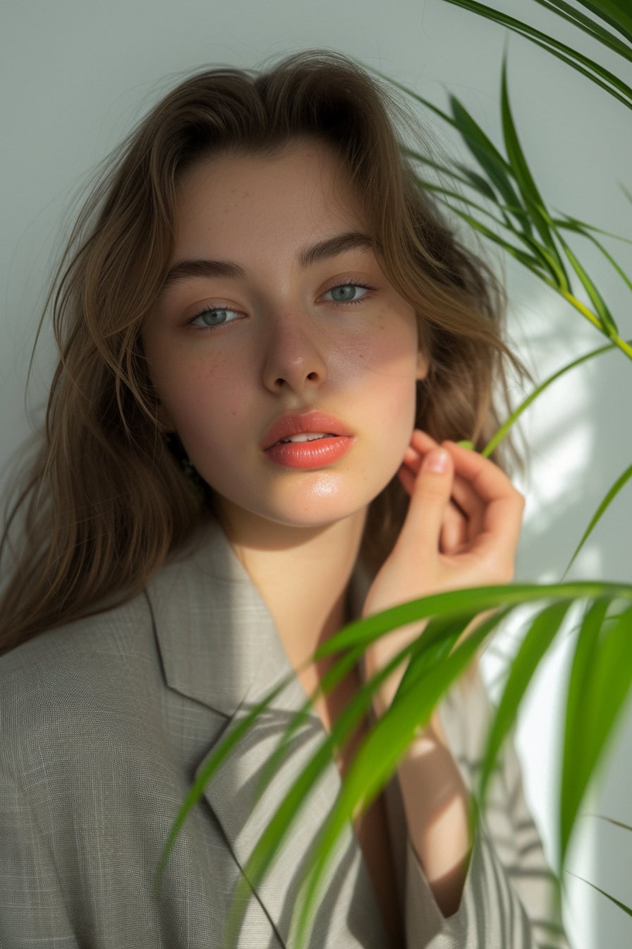  A close-up image of a young woman with sun-kissed highlights, wearing a light gray, eco-friendly fabric blazer, her hand touching a leaf of a potted green plant nearby, emphasizing a connection to nature, soft daylight.