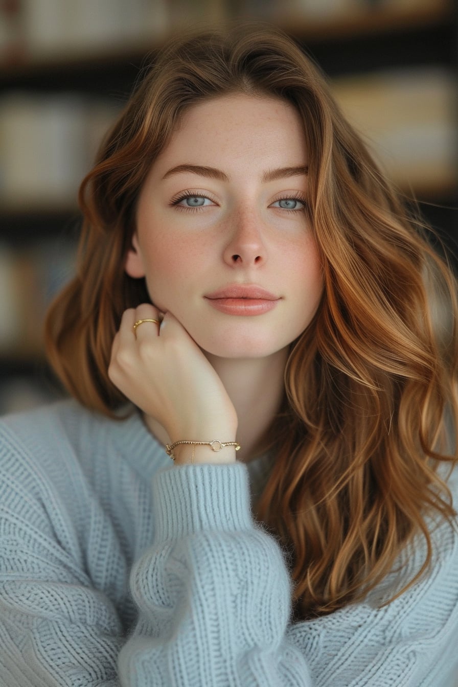  A close-up image of a young woman with wavy chestnut hair, showcasing a soft, pastel blue cashmere sweater, delicate gold jewelry at her wrist, with a blurred bookshelf in the background, soft natural light.