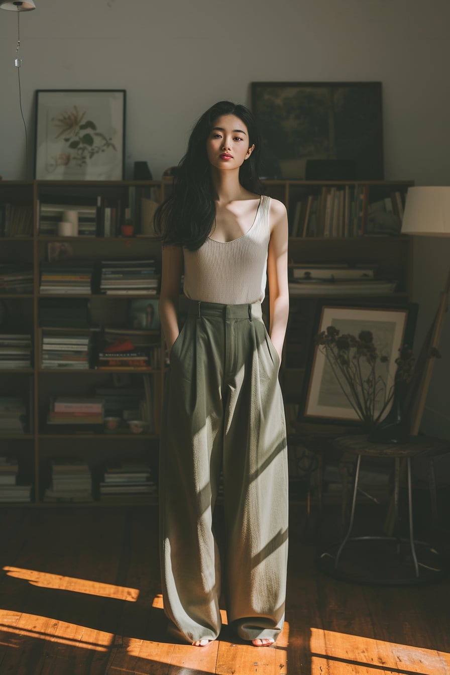  A full-length image of a young woman with sleek black hair, wearing high-waisted, dark olive green trousers with a slight stretch, paired with a cream lightweight knit top, in a chic, minimalist office, indirect sunlight.