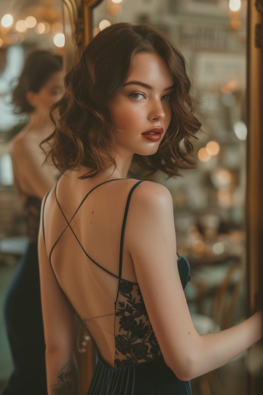  A full-length image of a young woman with soft curls, trying on a vintage sapphire blue velvet gown, mirror reflection showing the back of the dress, dimly lit vintage shop.