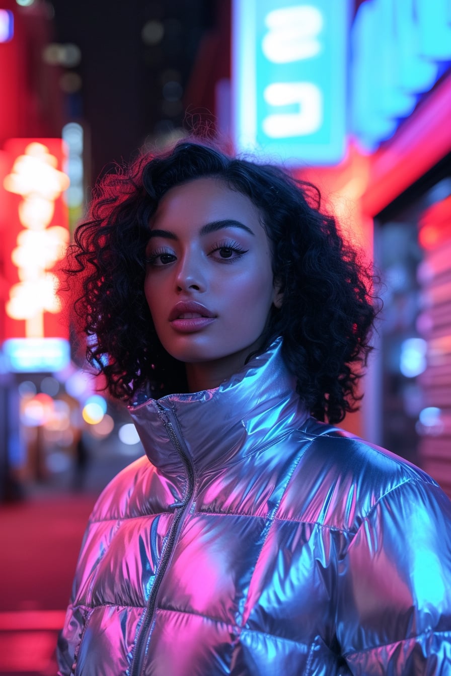  A young woman with dark curly hair, wearing a metallic silver puffer jacket, standing in a neon-lit city street, night time.