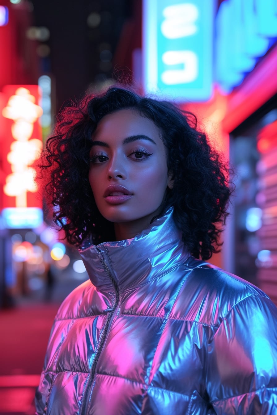 A young woman with dark curly hair, wearing a metallic silver puffer jacket, standing in a neon-lit city street, night time.