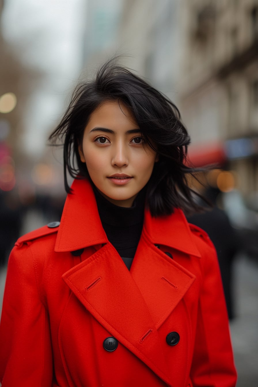 A young woman with sleek black hair, wearing a bold red trench coat with a high collar, standing on a bustling city street, morning light.