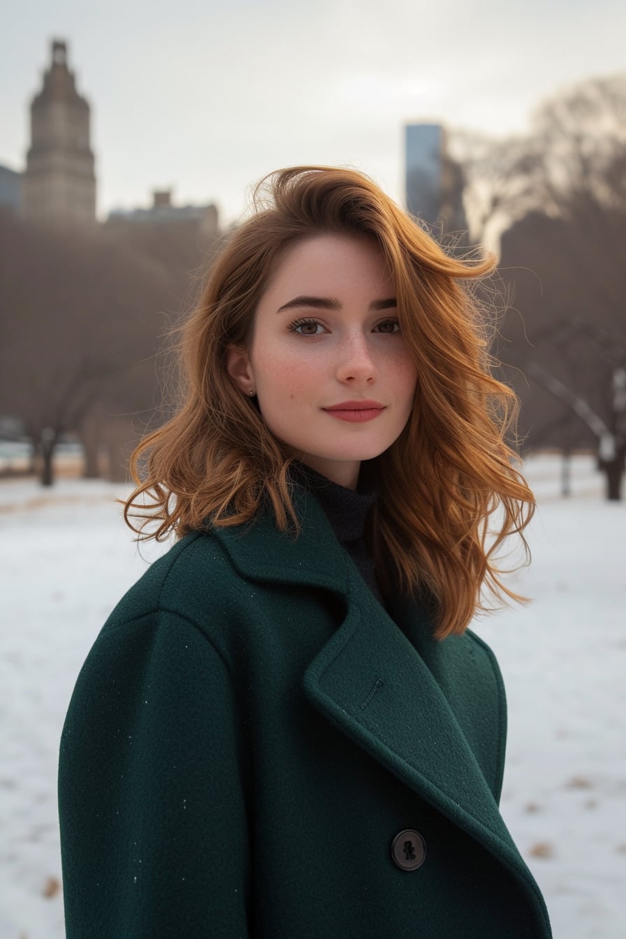 A young woman with wavy chestnut hair, wearing an oversized emerald green wool coat, standing in a snowy city park, late afternoon.