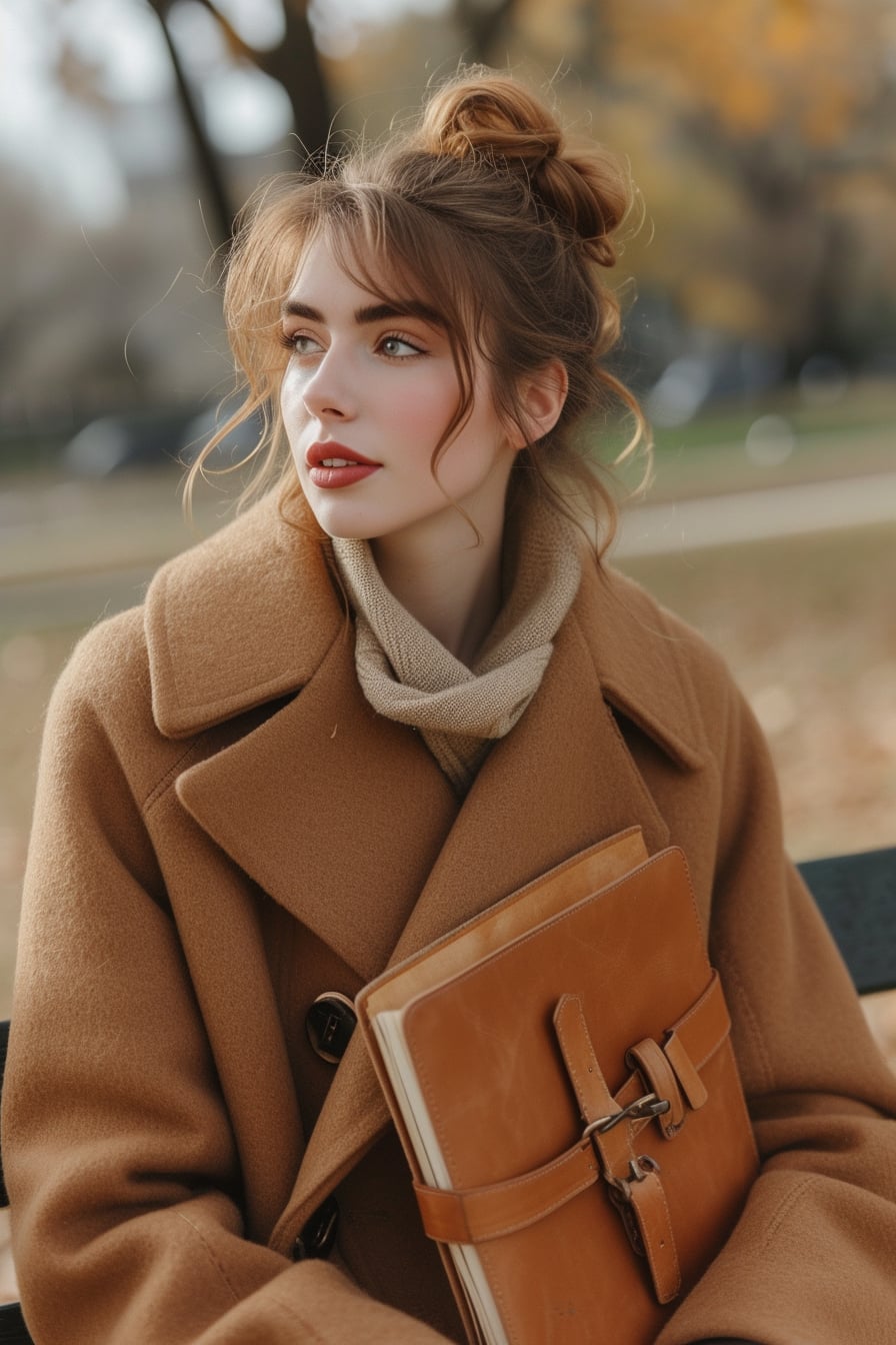  A young woman with light brown hair in a loose bun, wearing a camel wool coat with large buttons, holding a leather-bound journal, sitting on a park bench, soft morning light.