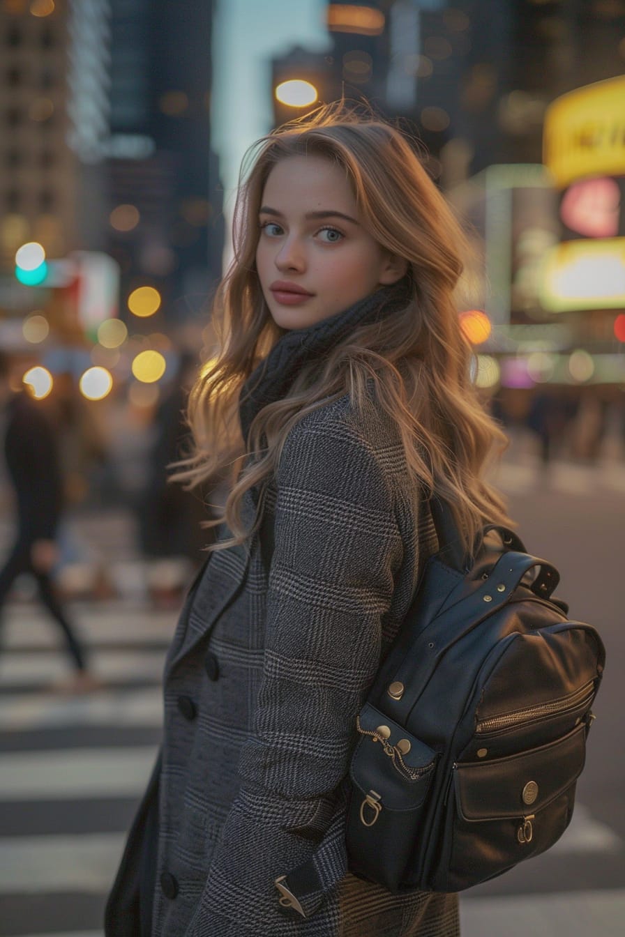  A full-length image of a young woman with long light brown hair, wearing a grey tweed jacket, holding a black leather backpack with gold zippers, standing at a busy crosswalk, dusk, city lights beginning to twinkle.