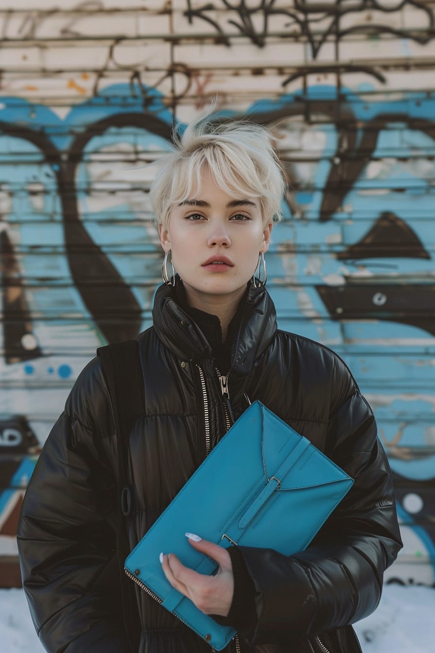  A full-length image of a young woman with short platinum blonde hair, wearing a black puffer jacket, holding a bright cobalt blue leather clutch, standing in front of a graffiti-covered wall, overcast day.