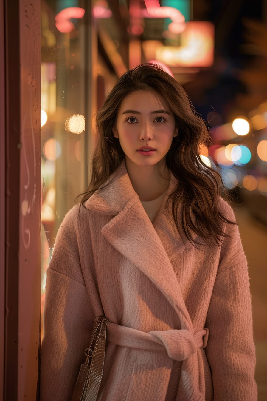 A full-length image of a young woman with dark wavy hair, wearing a soft pink wool wrap coat, holding a small metallic silver crossbody bag, standing on a quaint city street, night, warm glow from the shop windows.