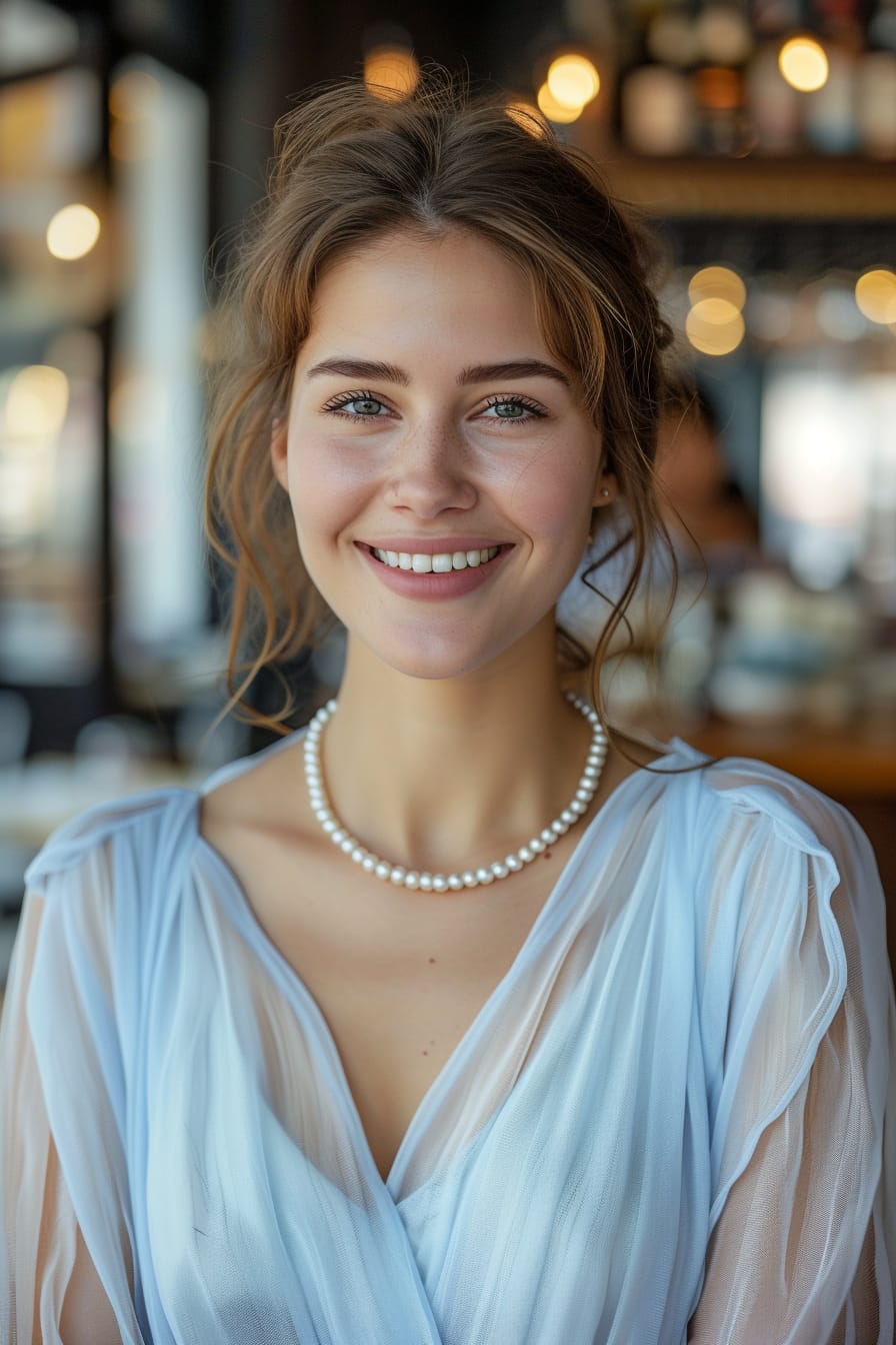  A young woman with a radiant smile, wearing a soft blue chiffon blouse and a delicate pearl necklace, standing in a quaint café, morning light streaming through the window.