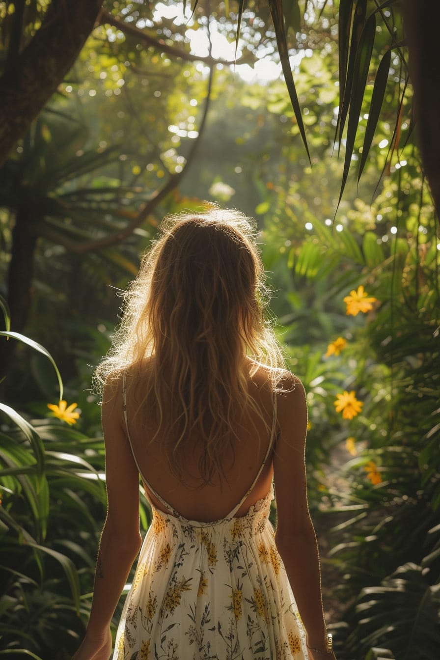 A young woman with sun-kissed skin, wearing a white and yellow floral maxi dress, walking through a lush garden, late afternoon sunlight filtering through the trees.