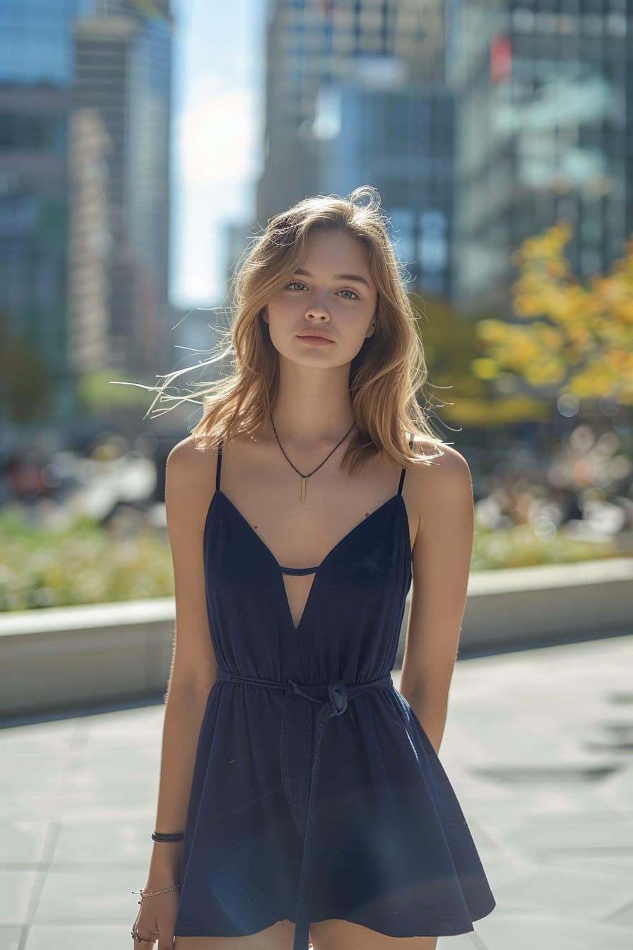 A full-length image of a chic young woman with shoulder-length light brown hair, wearing a classic, fitted navy blue dress, her ensemble completed with polished, dark combat boots, standing in a modern city square, bright midday sun.