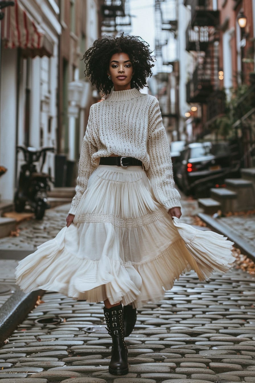 A full-length image of an elegant young woman with curly black hair, dressed in a soft, cream-colored chunky knit sweater and a flowing maxi skirt, her outfit anchored with sleek, black combat boots, walking on a cobblestone street, early evening light.