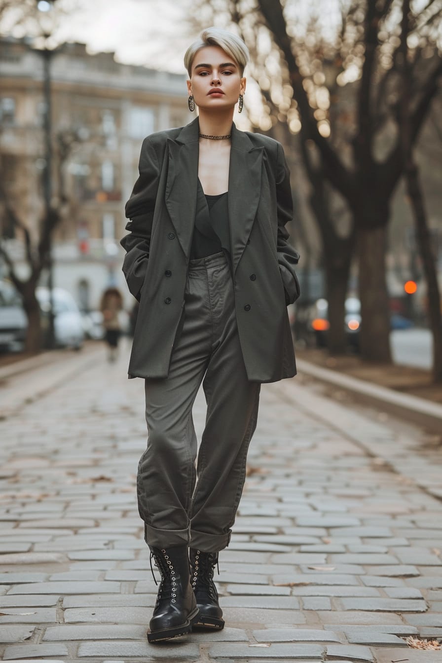  A full-length image of a confident young woman with short blonde hair, dressed in a sleek, charcoal grey blazer and matching trousers, her outfit completed with shiny black combat boots, walking through an urban park, morning light.
