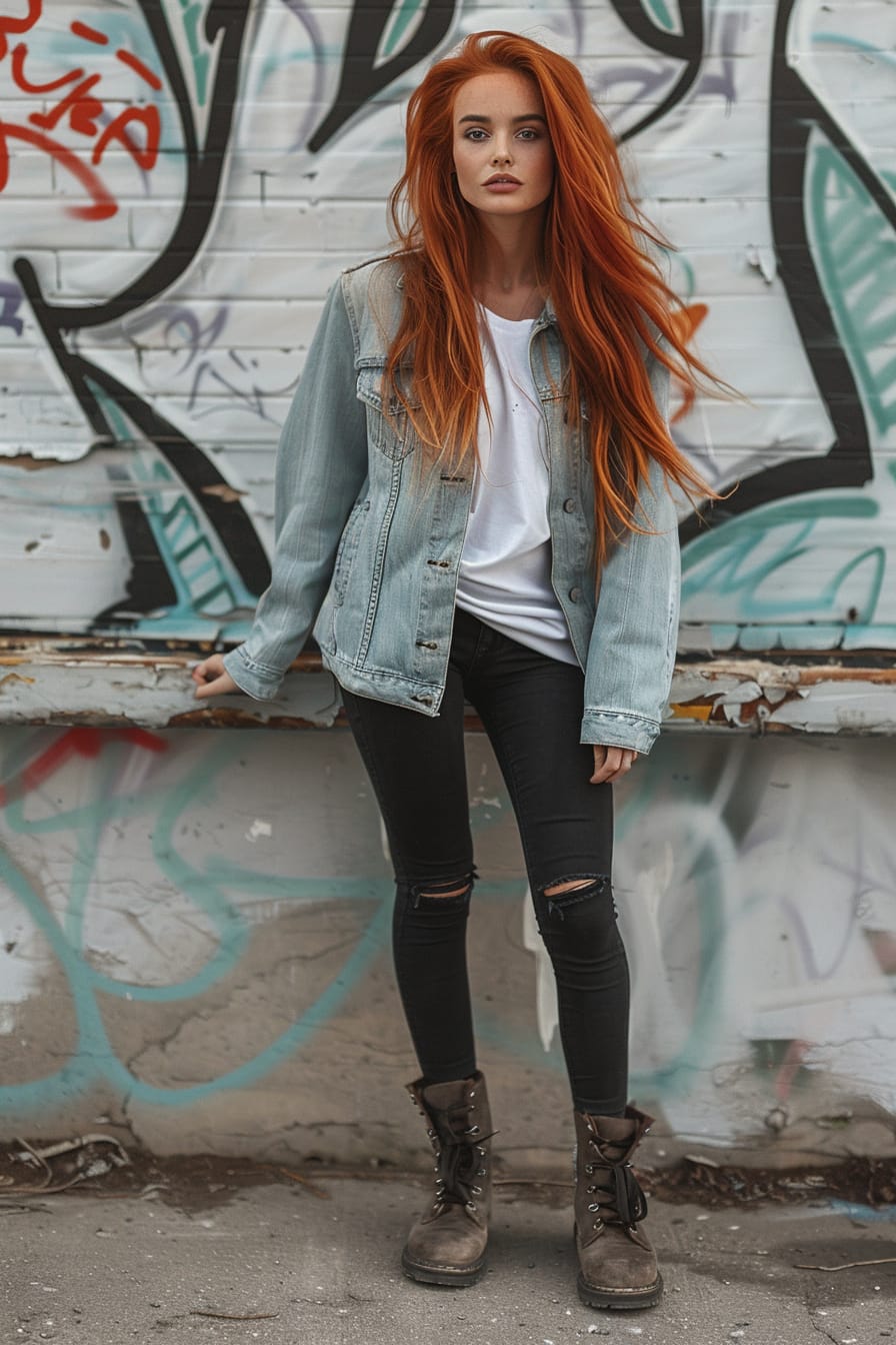  A full-length image of a vibrant young woman with long red hair, wearing a light denim jacket, white t-shirt, and black leggings, her look finished with dark brown combat boots, leaning against a graffiti-covered wall, overcast afternoon.