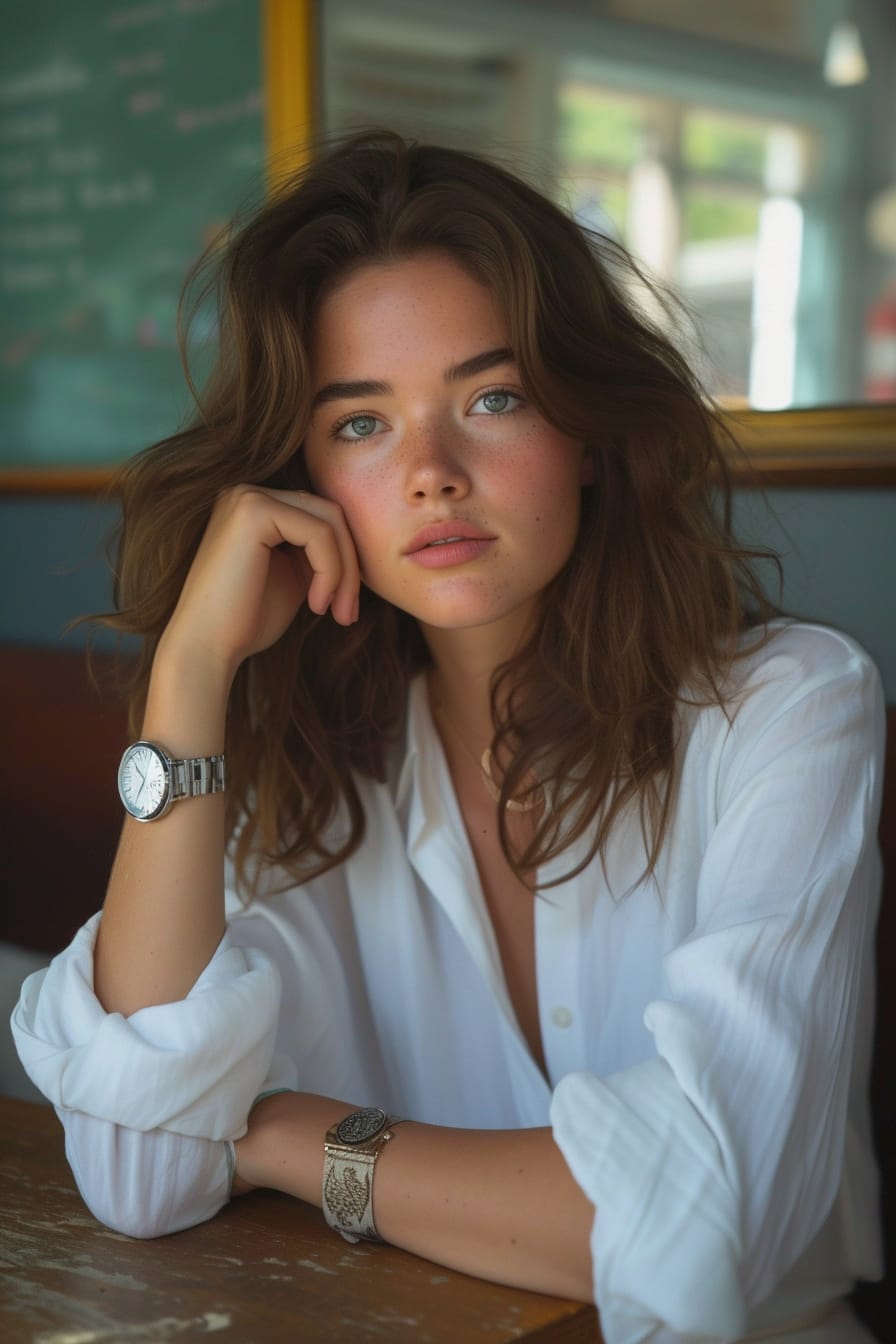  A young woman with wavy brunette hair, wearing a crisp white shirt paired with a sleek, silver dive watch. She's casually seated at a café table, with a soft morning light illuminating her thoughtful expression.